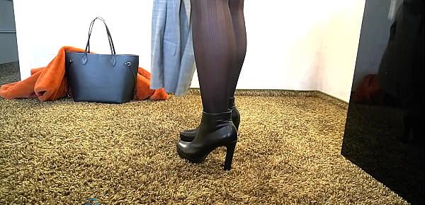  serious business woman slips into her hot leather skirt after work - ends with a huge sperm stain, business-bitch